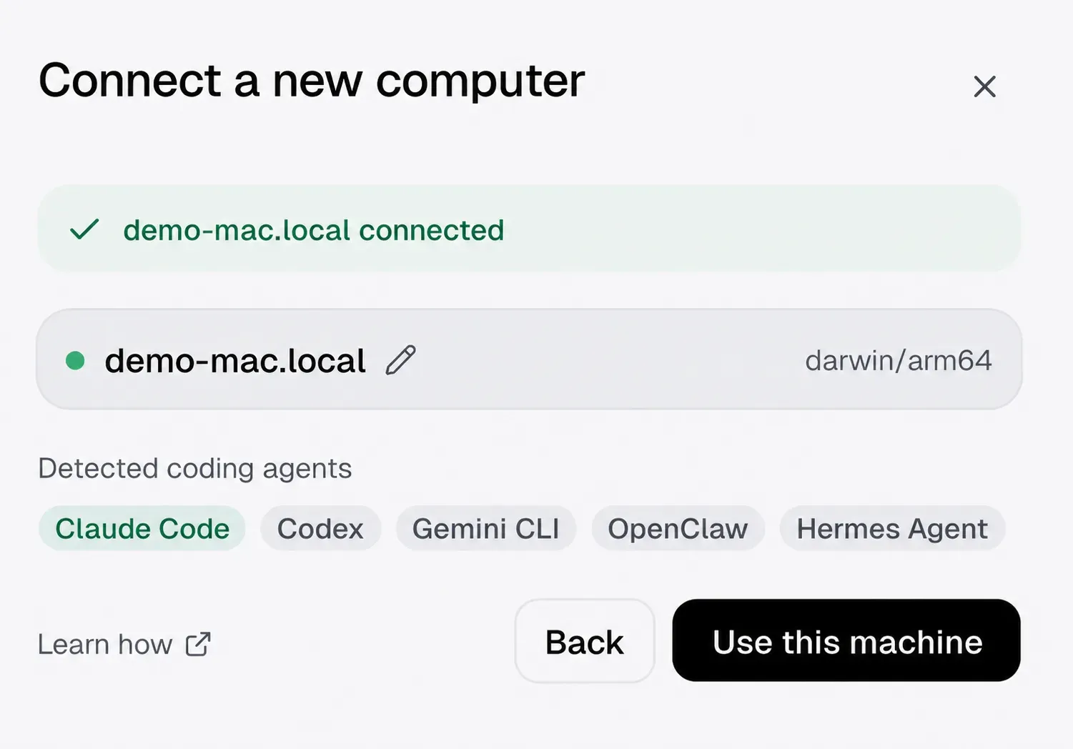 A connected demo-mac.local computer in Manyfold with a green status and detected coding agents