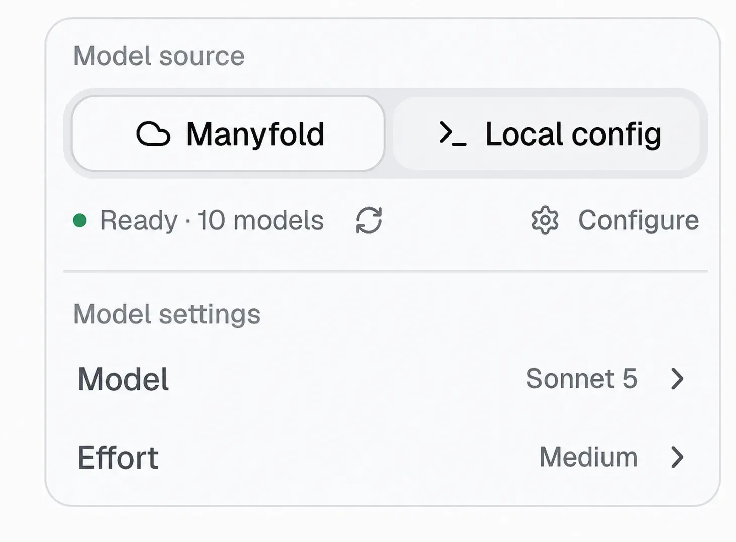 The Manyfold model source with model and effort settings