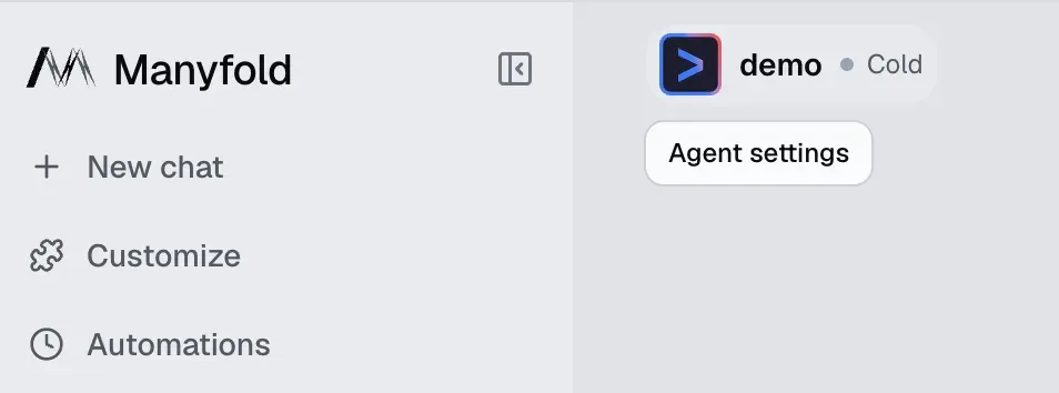 Manyfold workspace showing the Agent settings button