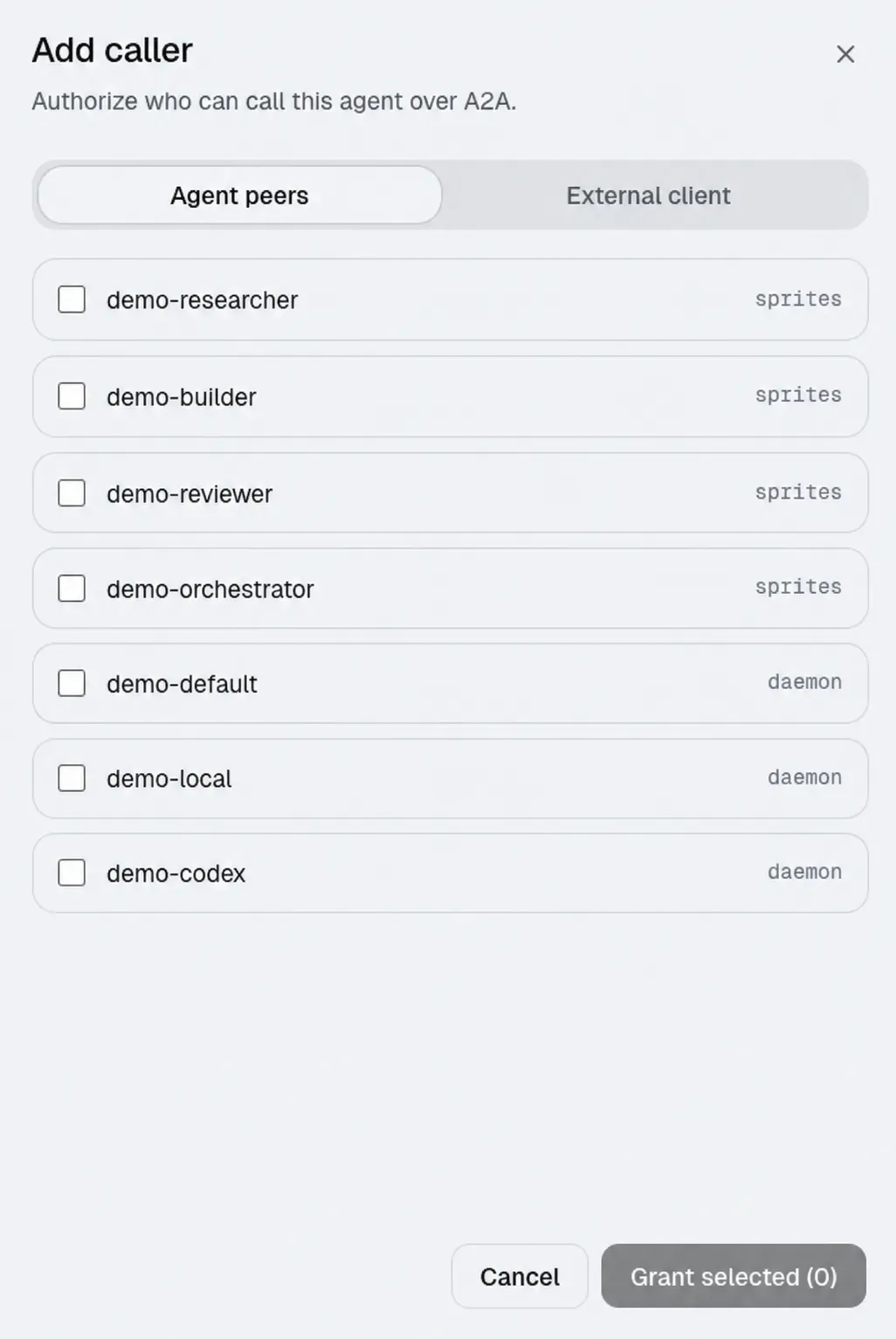 Manyfold Add caller dialog listing Agent peers