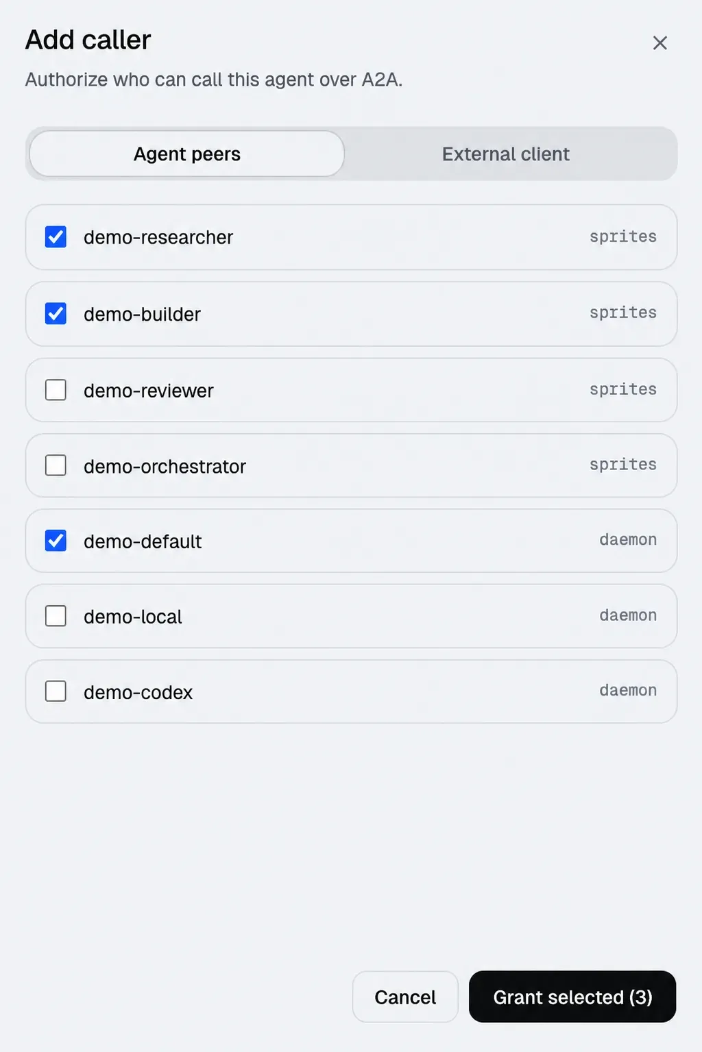 Manyfold Add caller dialog with selected Agent peers and Grant selected button