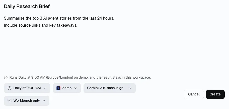 Manyfold New automation form with Daily Research Brief, a prompt, Daily at 9:00 AM, the demo agent, and Gemini-3.6-flash-high