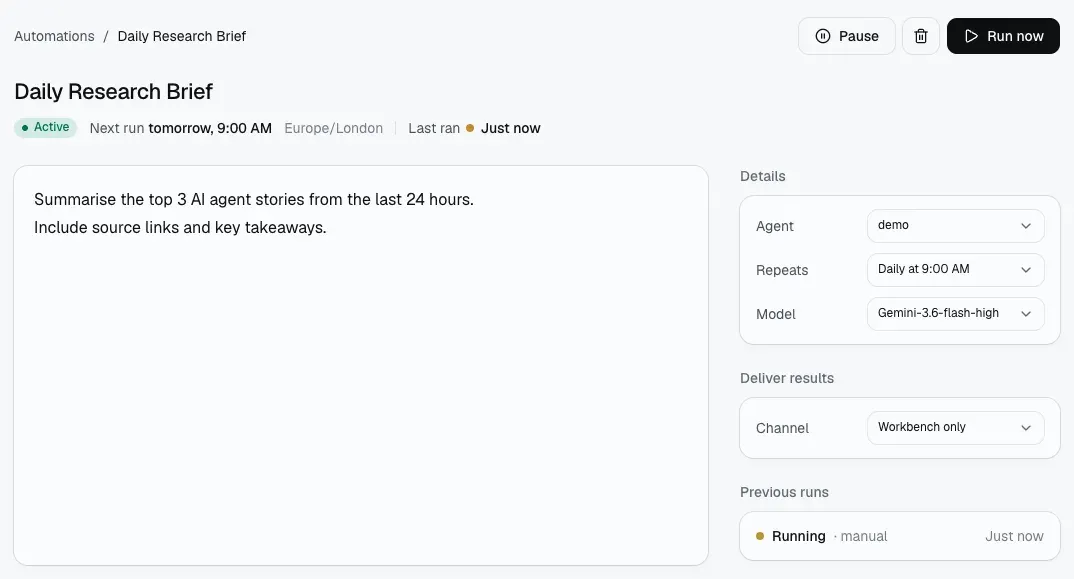 Manyfold Daily Research Brief automation details showing Active status, Daily at 9:00 AM, the demo agent, model, and channel settings