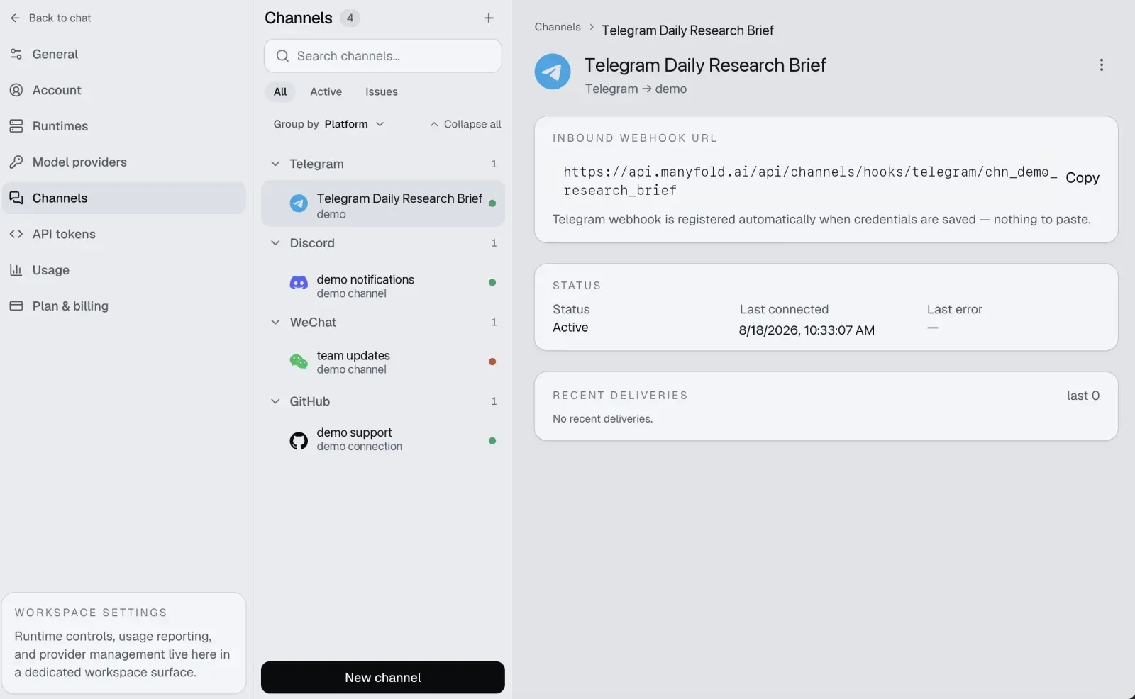 The Manyfold Channels page with a Telegram channel selected, showing its inbound webhook URL, status, and recent deliveries