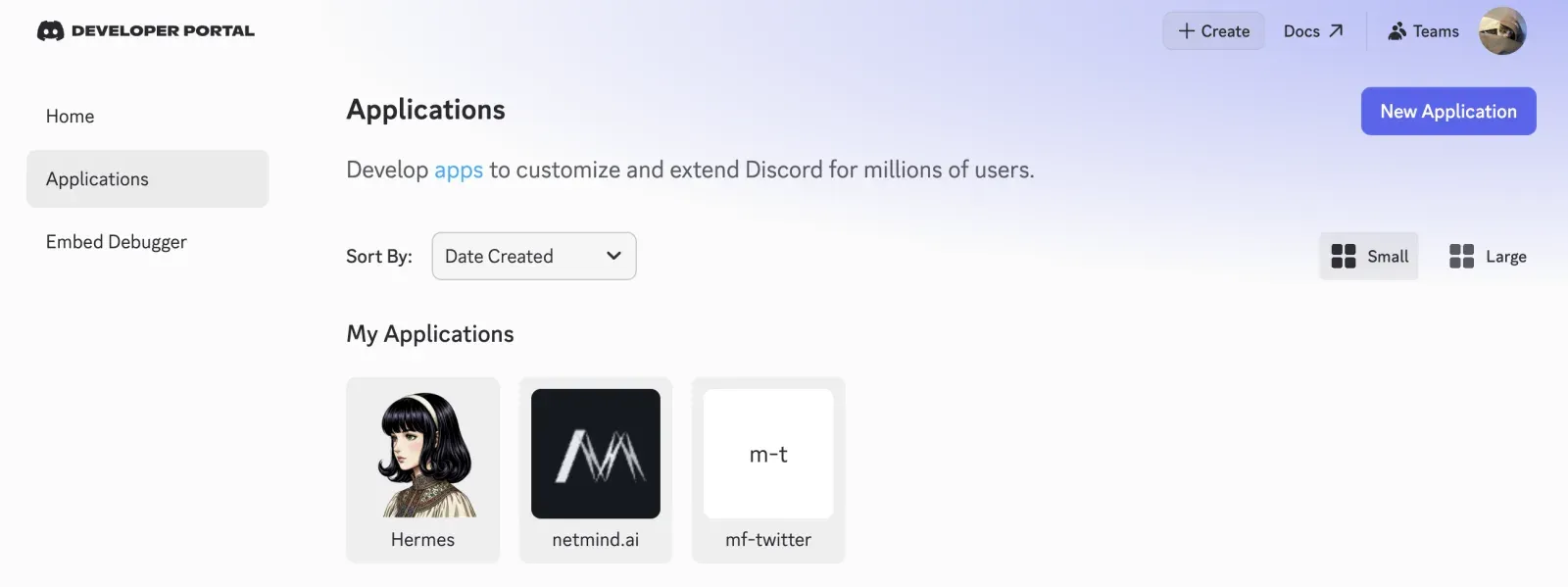 The Discord Developer Portal Applications list