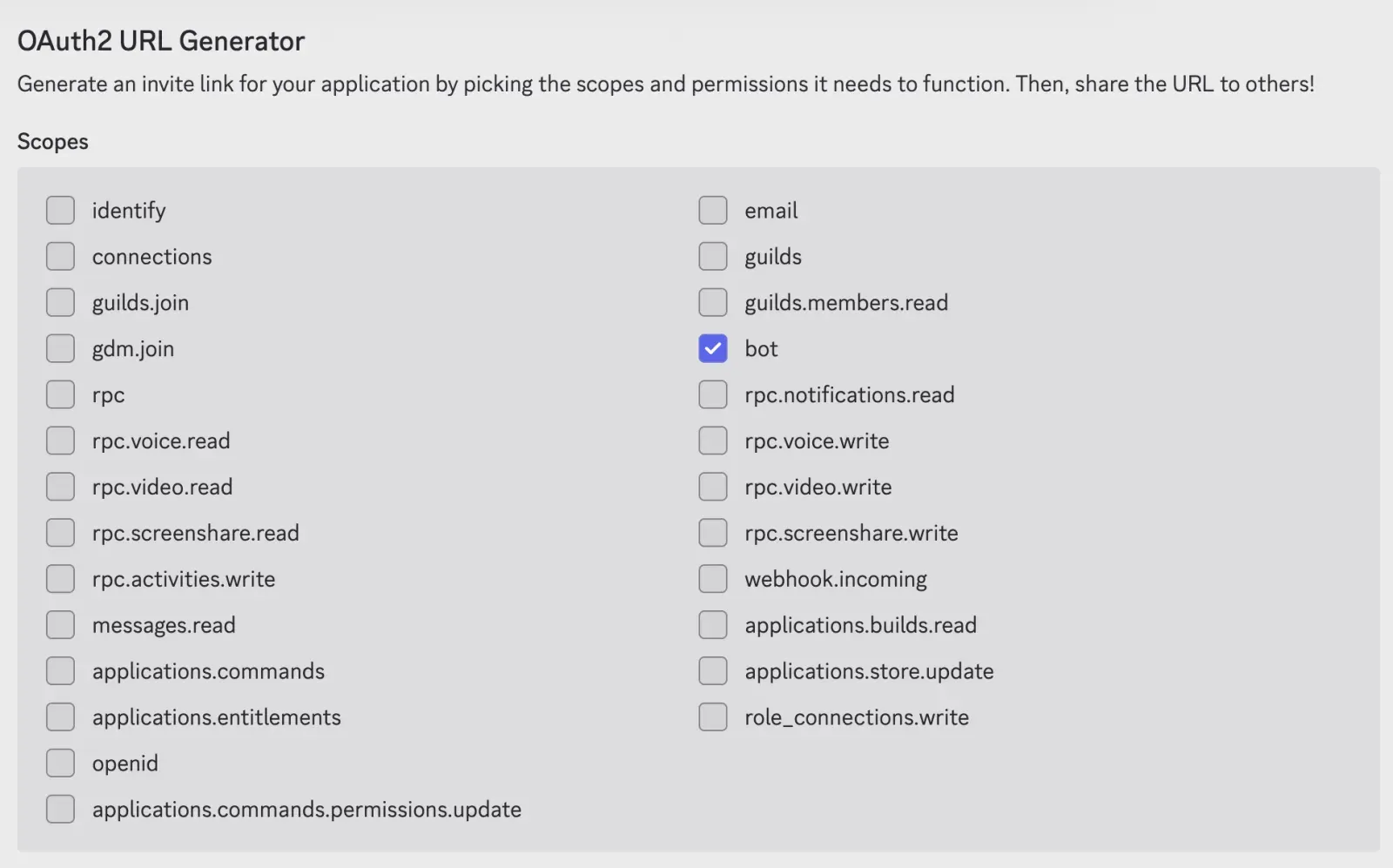 The Discord OAuth2 URL Generator with the bot scope selected