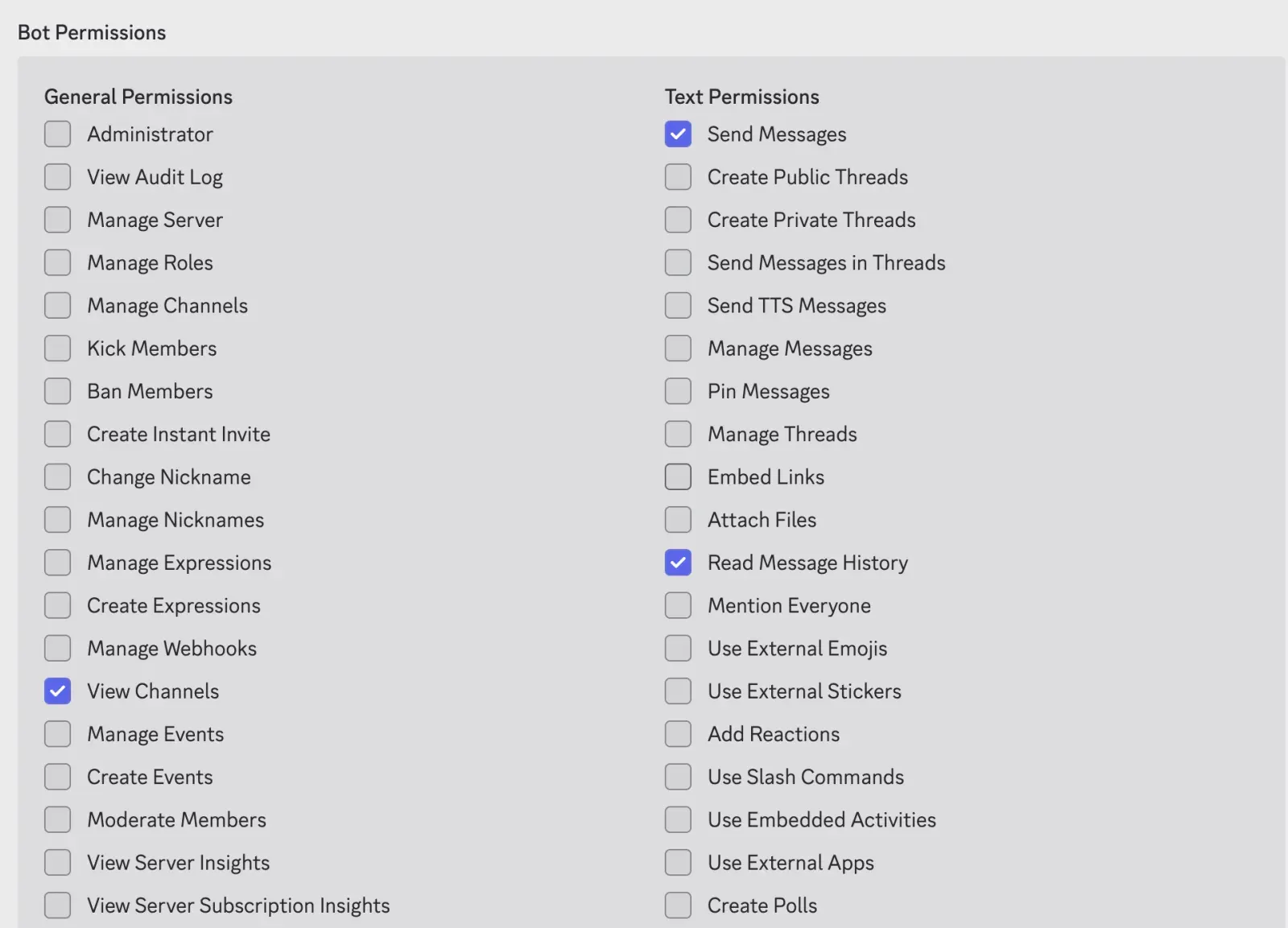 Discord bot permissions with View Channels, Send Messages, and Read Message History selected