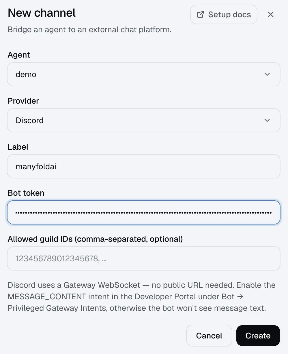 The Manyfold New channel panel for a Discord channel with the bot token redacted