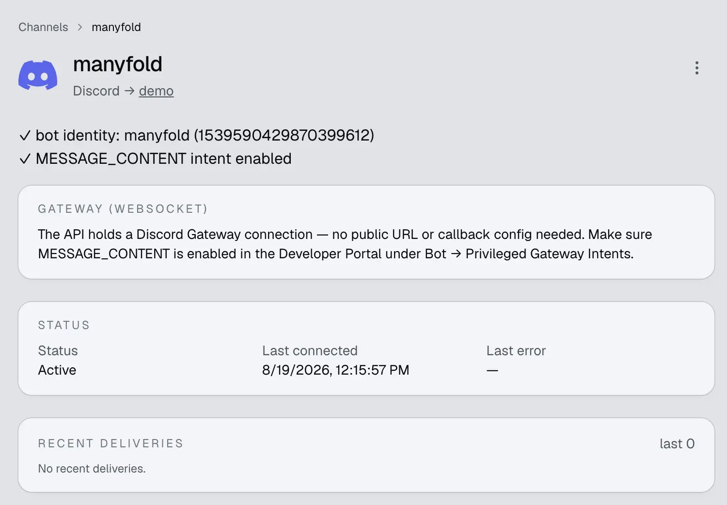 Manyfold Discord channel details showing bot identity, Message Content intent, and Gateway status