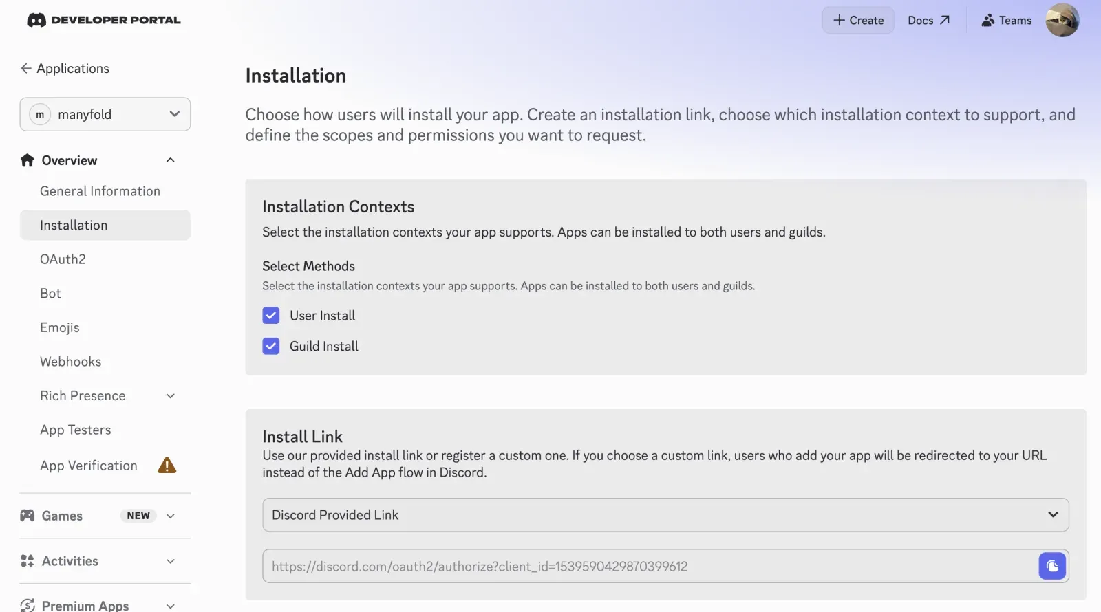 The Discord Installation page with Discord Provided Link selected and a generated URL