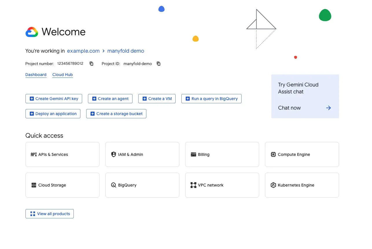 The Google Cloud console welcome page showing the project number and project ID