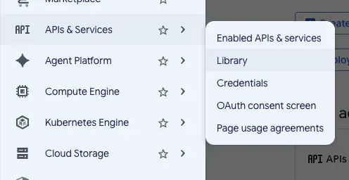 The Google Cloud left-hand menu with APIs & Services expanded and Library highlighted