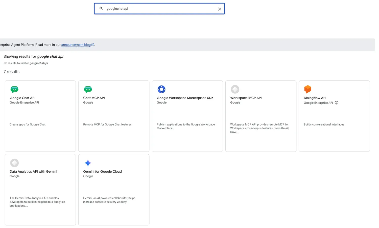 Google Cloud API library search results with Google Chat API listed first