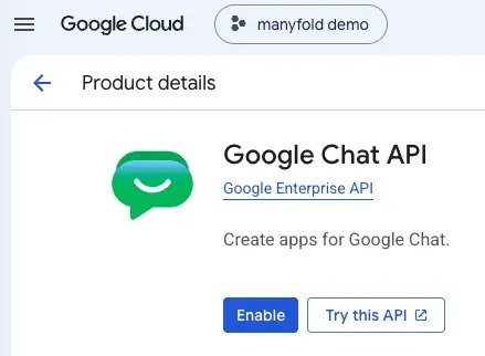 The Google Chat API product details page with the Enable button