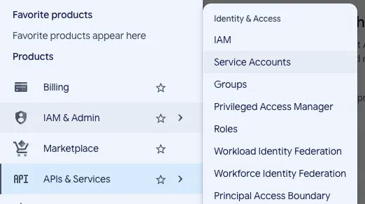 The Google Cloud left-hand menu with IAM & Admin expanded and Service Accounts highlighted