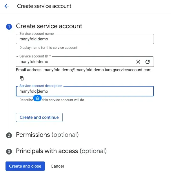The Create service account form with a name, ID and description filled in