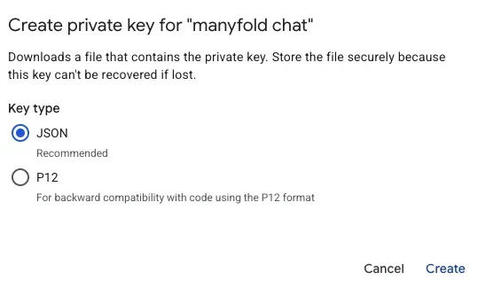 The Create private key dialog with JSON selected as the key type