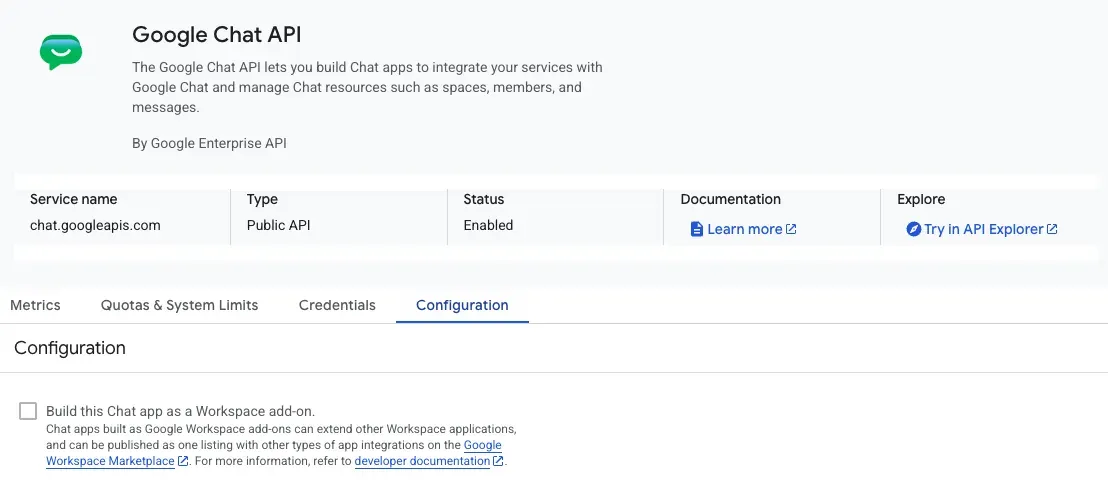 The Google Chat API Configuration tab with the Workspace add-on checkbox unchecked