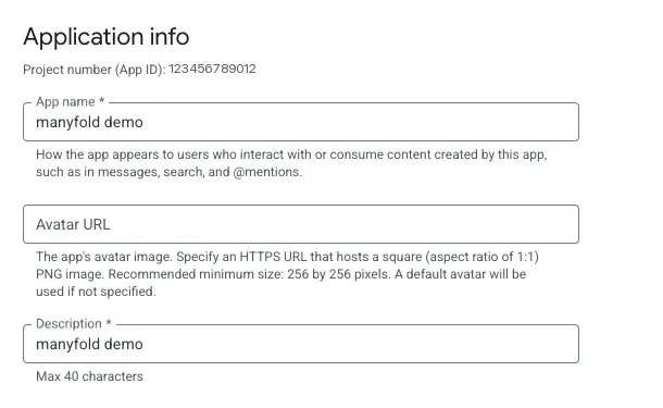 The Application info section with the app name and description filled in