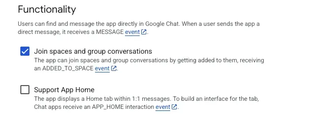 The Functionality section with Join spaces and group conversations enabled
