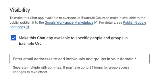 The Visibility section with the app made available to specific people and groups
