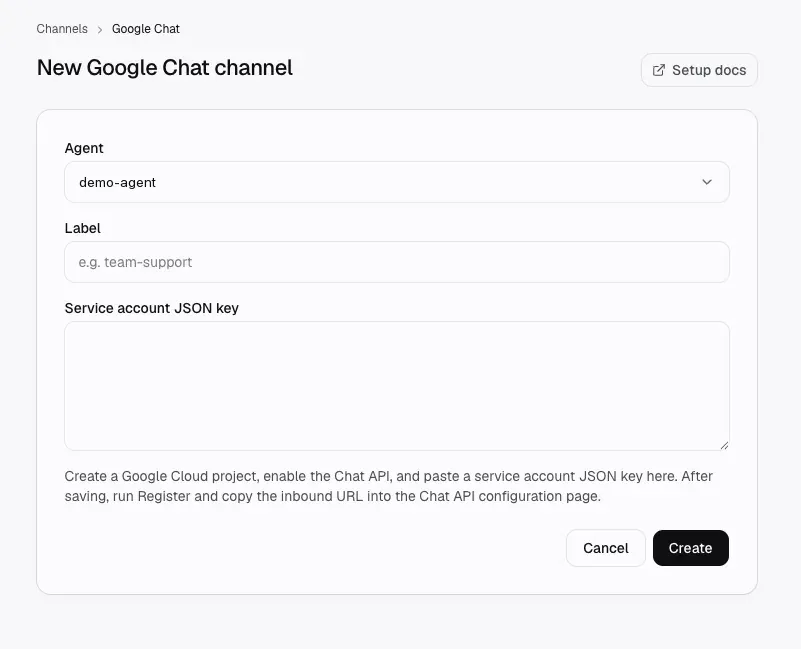 The Manyfold New Google Chat channel form with the service account JSON key field