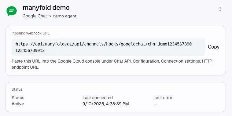 A Manyfold Google Chat channel page showing the inbound webhook URL and an active status