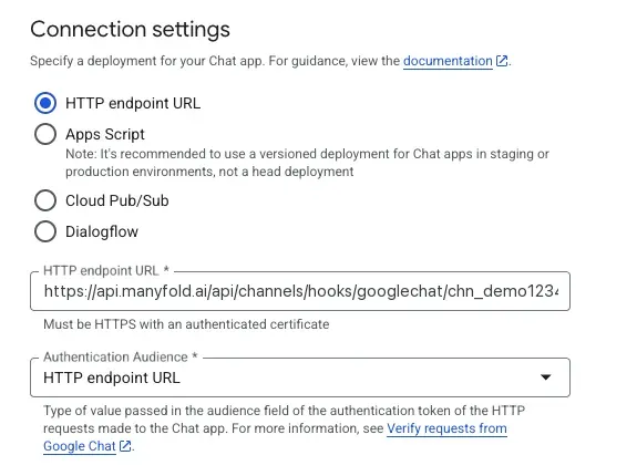 The Chat API Connection settings with the Manyfold inbound URL pasted into the HTTP endpoint URL field