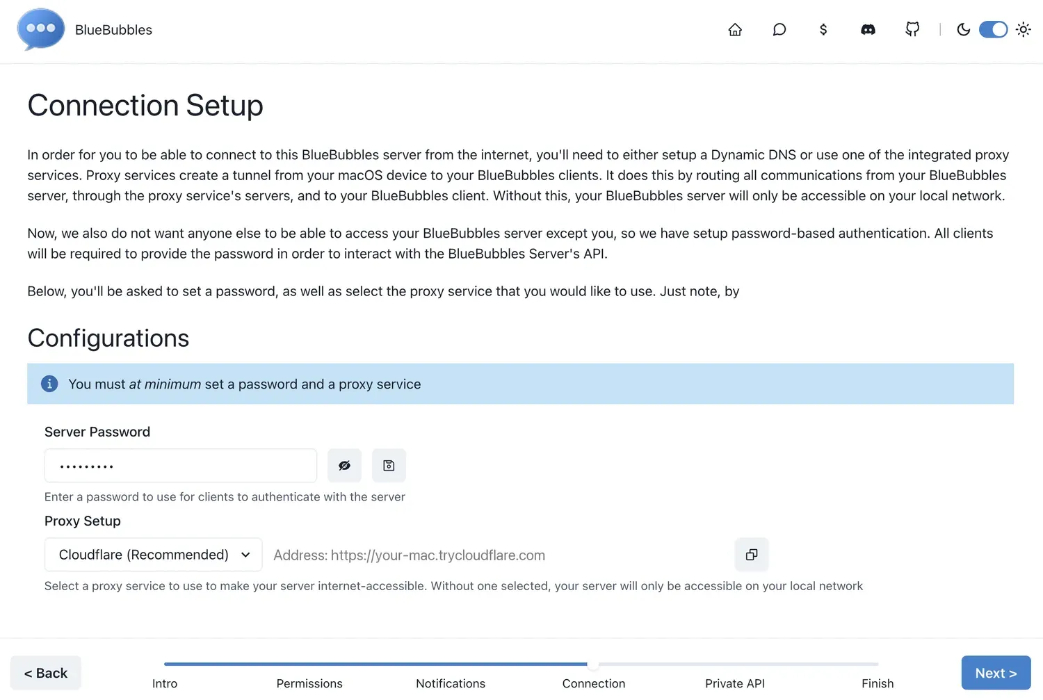 BlueBubbles Connection Setup with a server password set and Cloudflare chosen as the proxy service