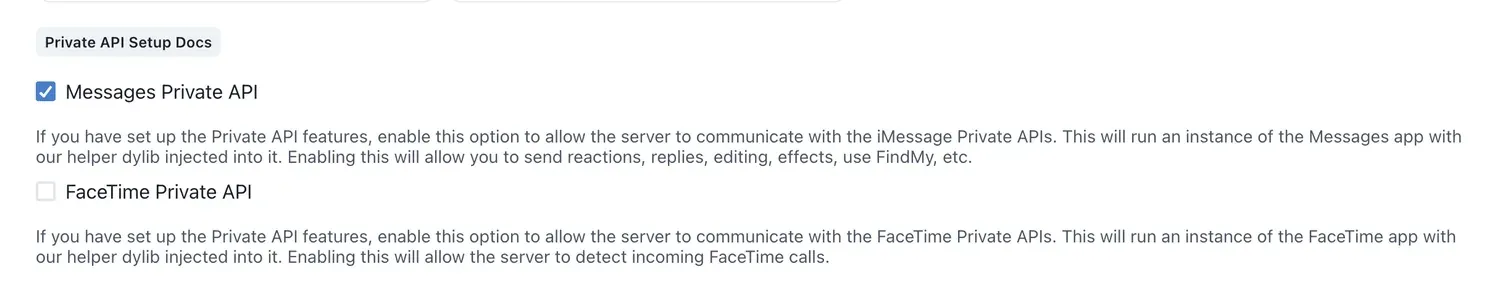 The BlueBubbles Permissions step with Messages Private API enabled