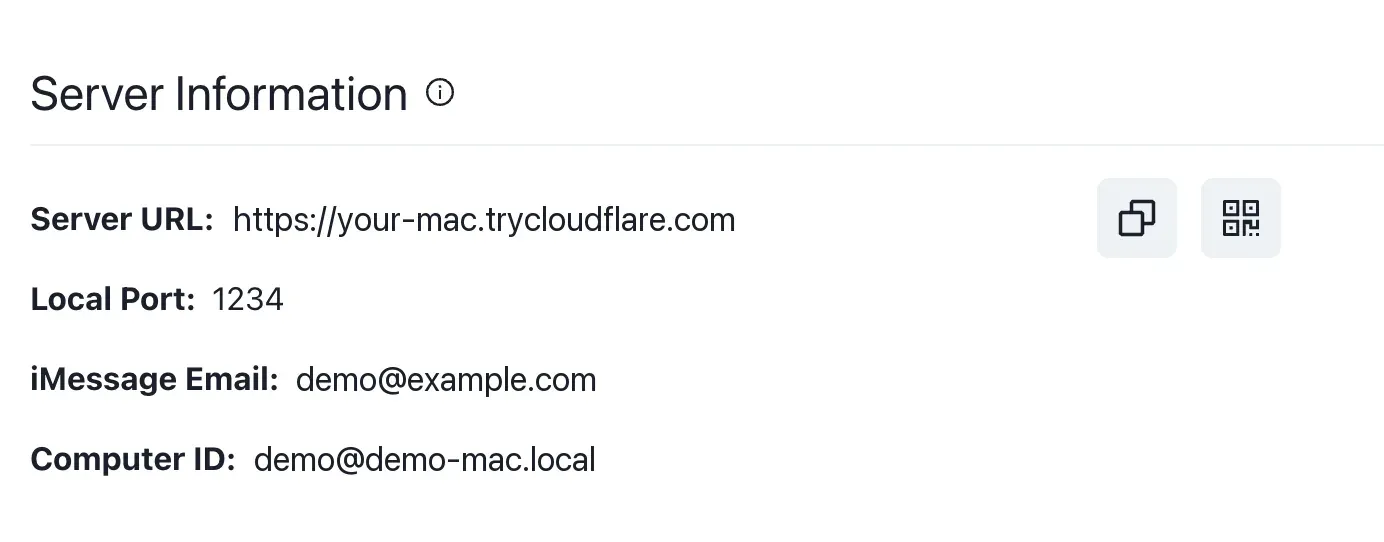 BlueBubbles Server Information showing the public Server URL