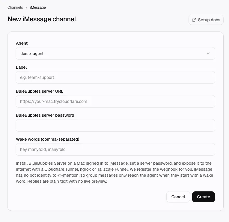 The Manyfold New iMessage channel form, with agent, label, server URL, password and wake word fields