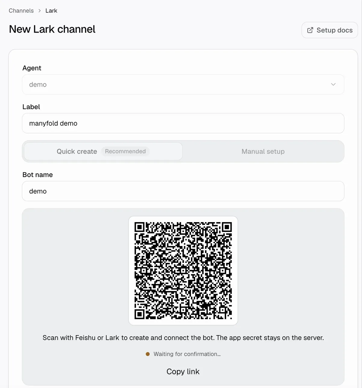 The Manyfold New Lark channel form on Quick create, showing the agent, label and bot name fields and the generated QR code