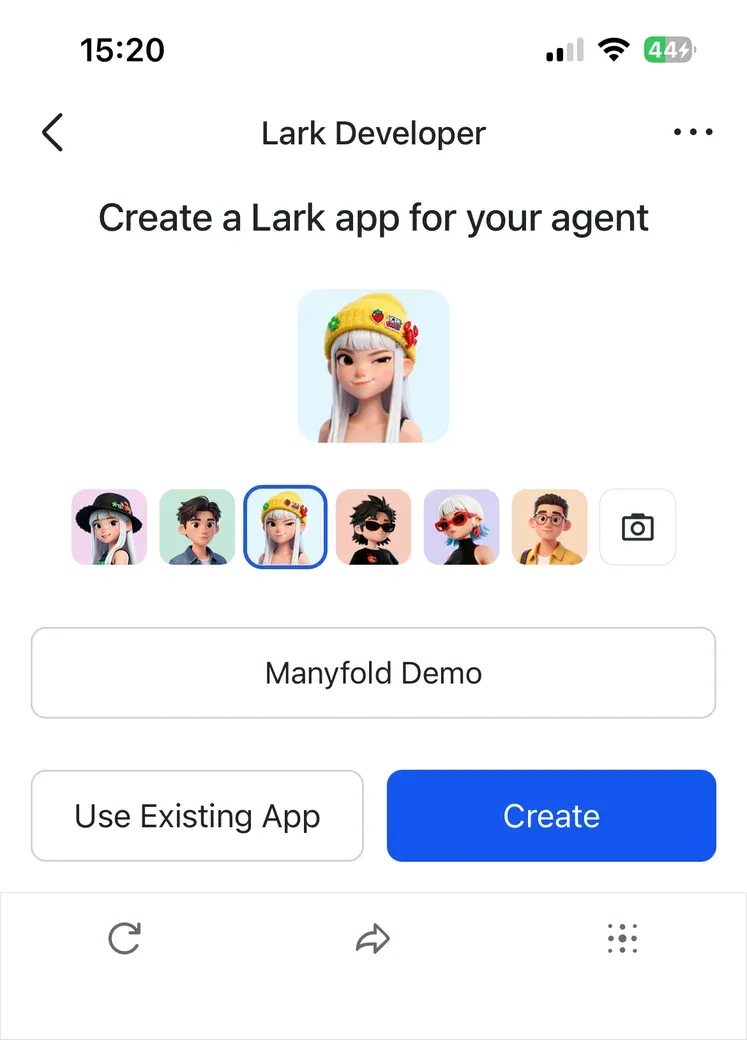 The Lark Developer screen on a phone, creating a Lark app for the agent with an avatar and name