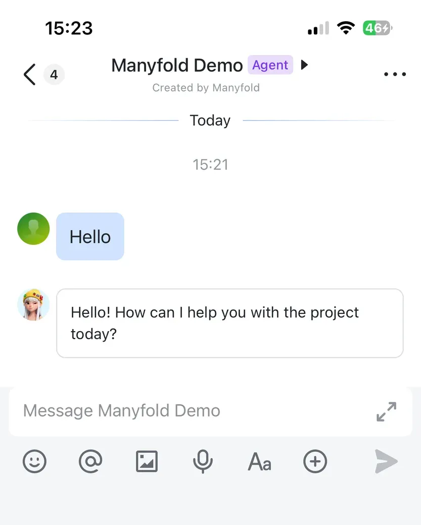 A Lark chat with the newly created agent replying to a message