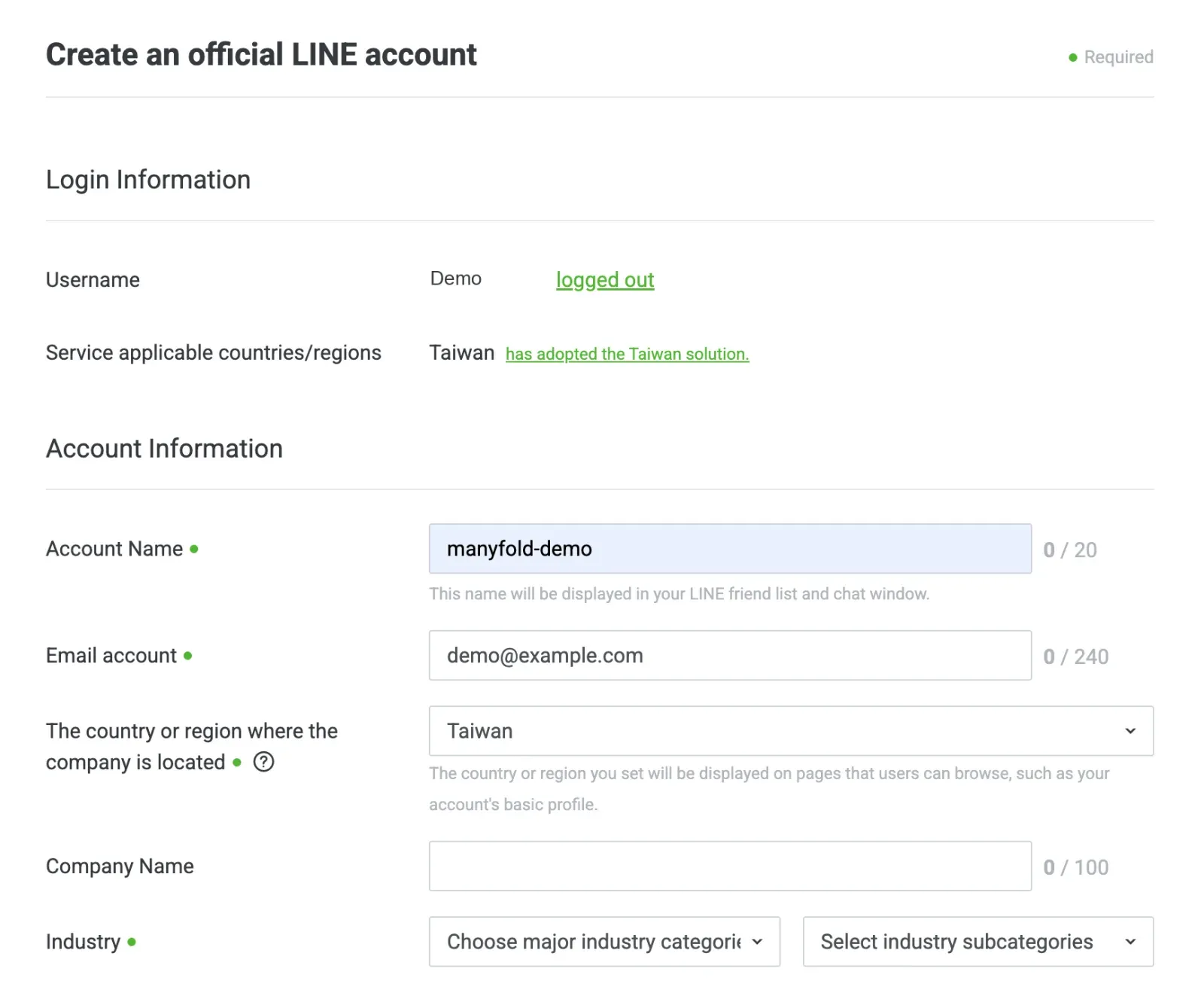 The Create a LINE Official Account form with the account name, email, and industry fields