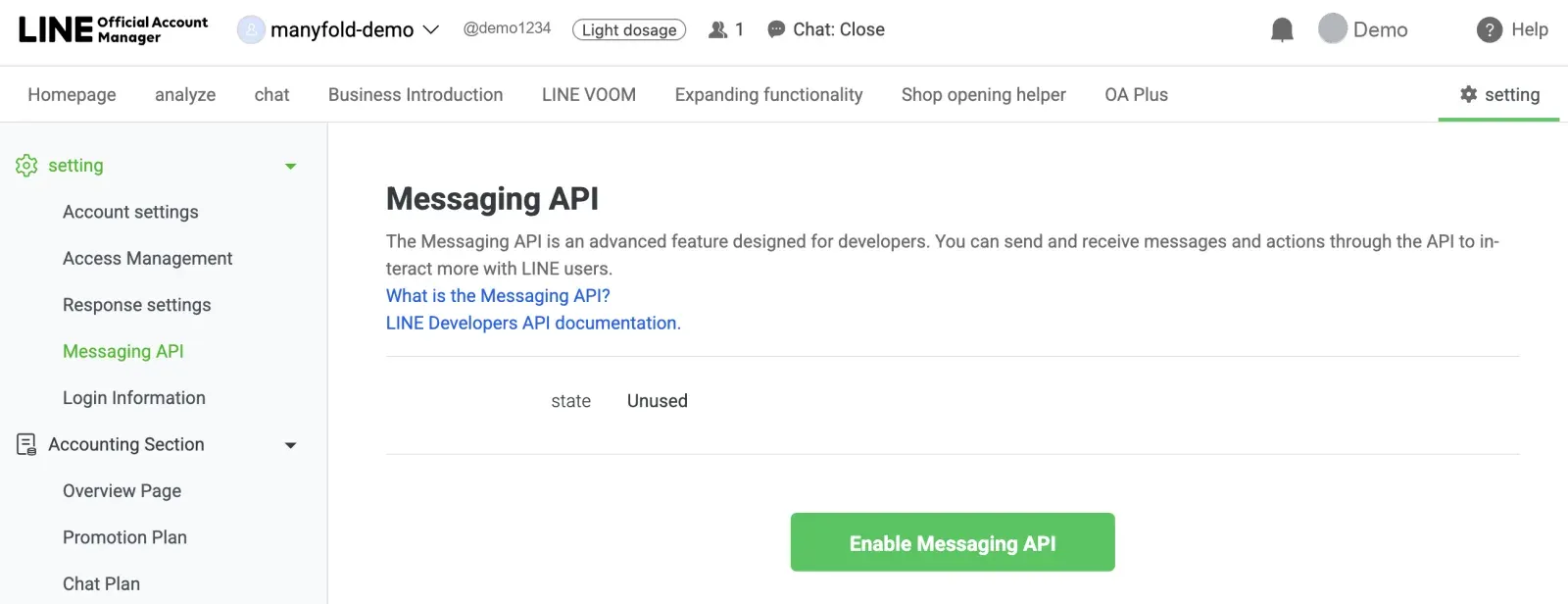 The Messaging API page in LINE Official Account Manager with the enable button