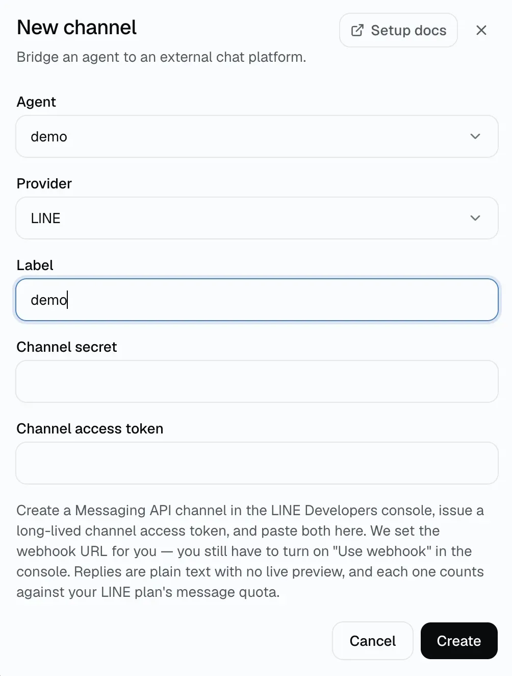 The Manyfold New channel form with the agent, provider, label, channel secret and access token fields