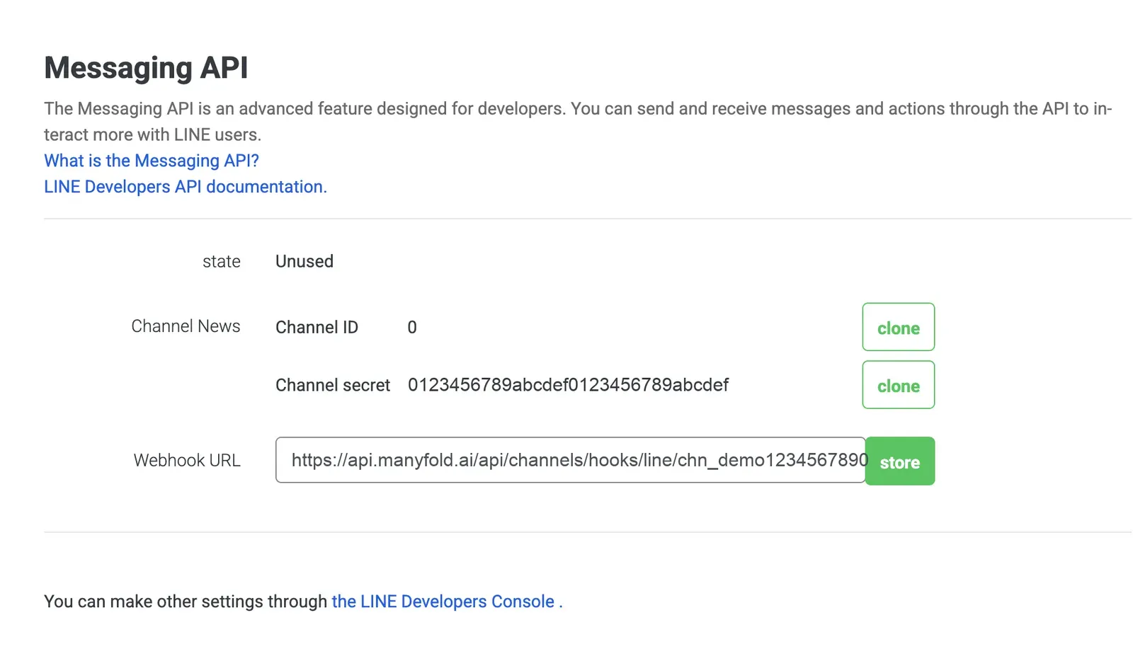 The Messaging API page in LINE Official Account Manager with the webhook URL filled in