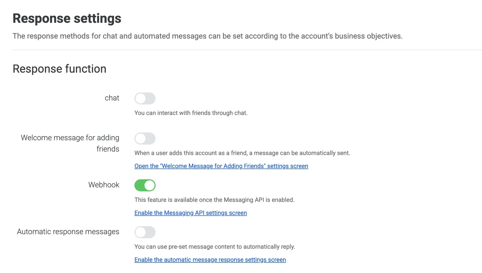The Response settings page with the chat, greeting, webhook, and auto-reply toggles