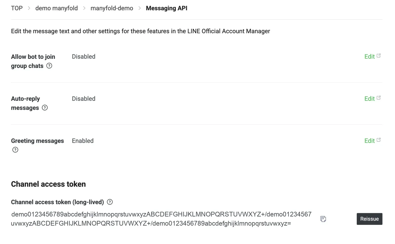 The Channel access token (long-lived) section on the Messaging API tab of the LINE Developers console