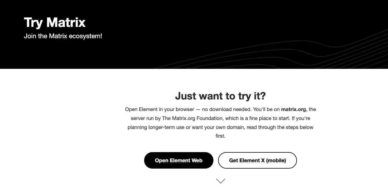 The Try Matrix page with the Open Element Web button