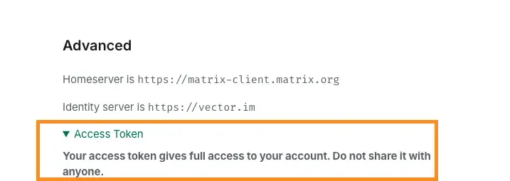The Advanced section of Element's Help and About settings, showing the homeserver URL and the Access Token control