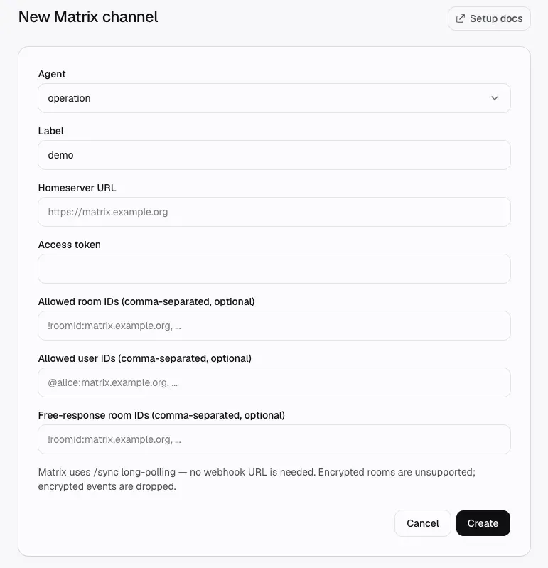 The Manyfold New Matrix channel form with the agent, label, homeserver URL, and access token fields