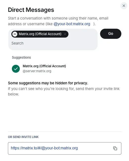 Element's Direct Messages dialog, searching for the account to start a conversation with