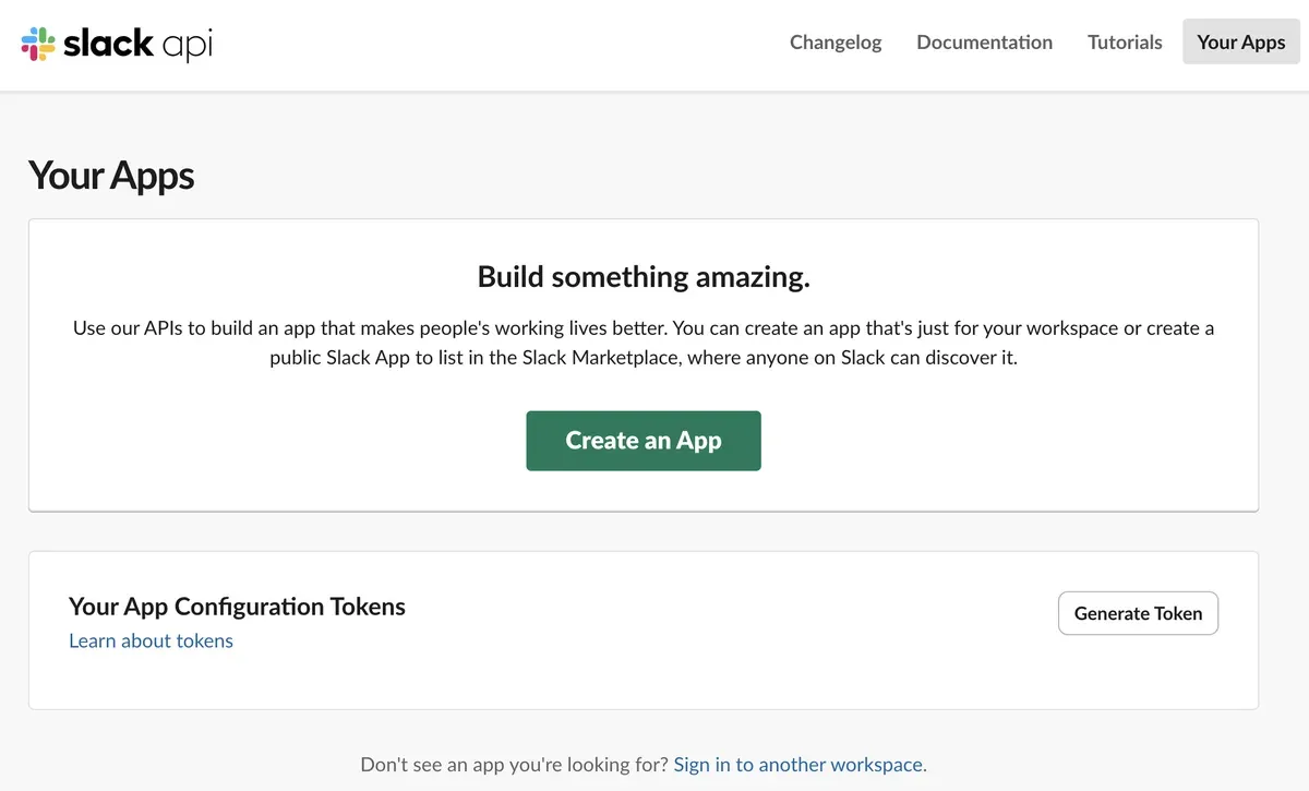 The Slack API Your Apps page with the Create an App button