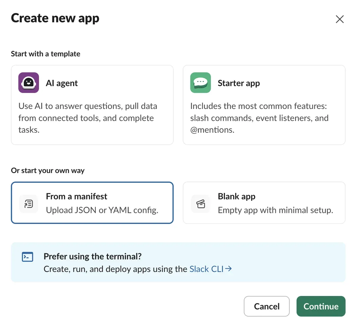 The Create new app dialog with From a manifest selected