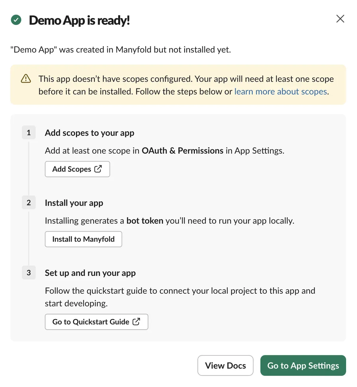 Slack confirming the app was created and warning that it has no scopes configured