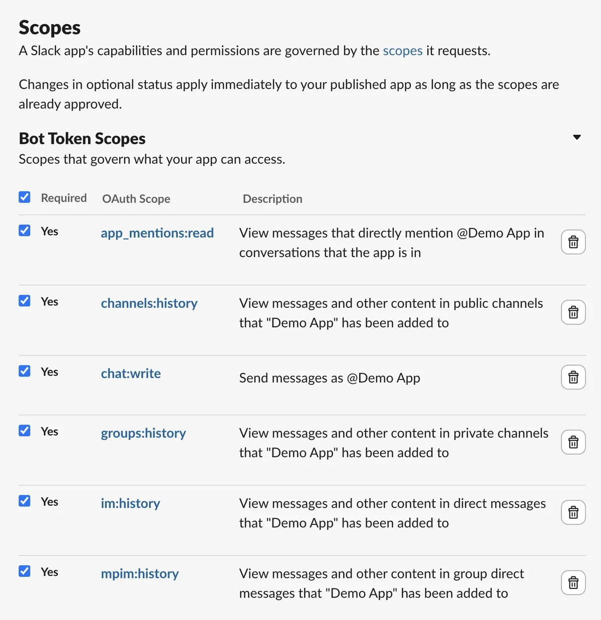 The Bot Token Scopes list in OAuth & Permissions with the scopes added