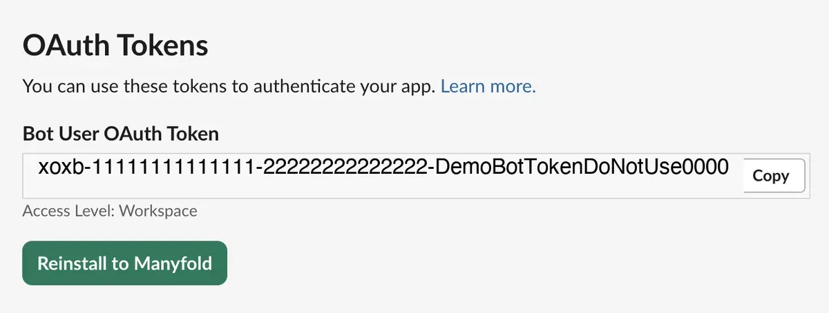 The Bot User OAuth Token shown after the app is installed